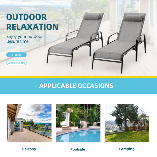 Hommow Outdoor Chaise Lounge Chair, Set of 2 Adjustable Patio Chaise Lounges for Beach Yard Pool, Gray