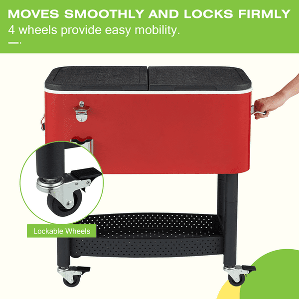 Erommy 80 Quart Rolling Cooler Cart Ice Chest Patio Outdoor Picnic Portable，Red