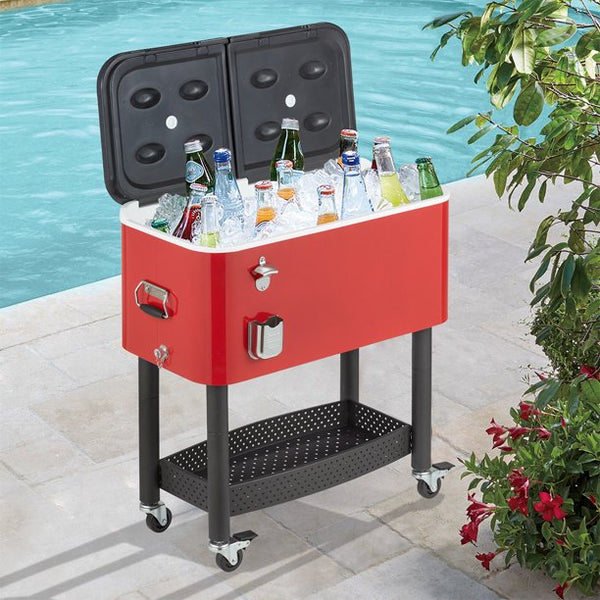 Erommy 80 Quart Rolling Cooler Cart Ice Chest Patio Outdoor Picnic Portable，Red