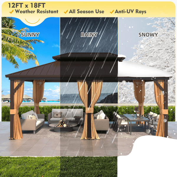 Mellcom 12' X 18' Hardtop Gazebo Aluminum Frame Gazebo with Galvanized Steel Double Roof