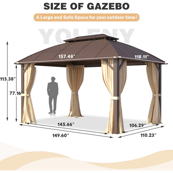 Yoleny 10' x 13' Hardtop Gazebo with Galvanized Steel Roof, Double Arc Roof Gazebo with Aluminum Frame, Outdoor Gazebo with Curtain&Netting, Sunshade for Gardens, Lawns, Deck