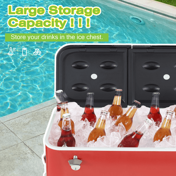 Erommy 80 Quart Rolling Cooler Cart Ice Chest Patio Outdoor Picnic Portable，Red