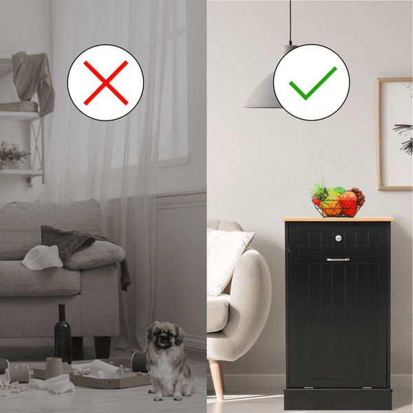 EROMMY Tilt Out Trash Cabinet, Wooden Kitchen Trash Can Free Standing Waste Bin, Recycling Hideaway Garbage Can Holder with Drawer and Removable Bamboo Cutting Board, Black