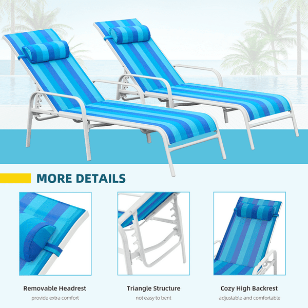 Hommow Outdoor Chaise Lounge Chair, Set of 2 Adjustable Patio Chaise Lounges for Beach Yard Pool,Blue