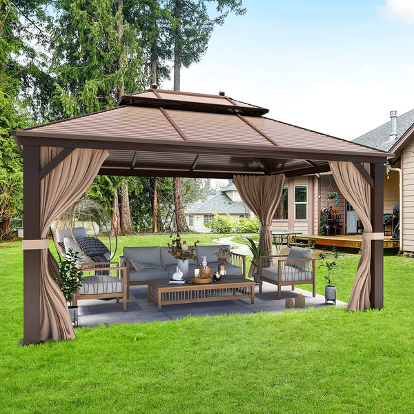 Hommow 10' x 13'  Hardtop Gazebo Galvanized Steel Outdoor Gazebo Brown