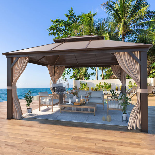 Hommow 10' x 13'  Hardtop Gazebo Galvanized Steel Outdoor Gazebo Brown