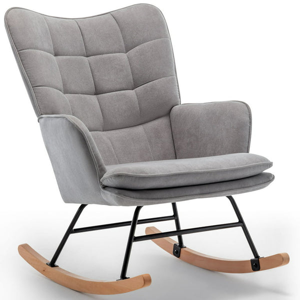 Mellcom Accent Rocking Chair, High Back Nursery Glider Rocker with Ottoman, Modern Upholstered Linen Fabric Armchair for Living Room, Bedroom, Gray