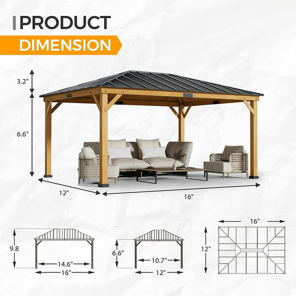 Mellcom 12' X 16' Wood Gazebo,Hardtop Gazebo with Asphalt Roof Spruce Wood Frame for Patio, Lawns, Garden