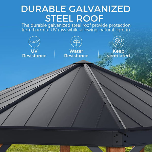 Mellcom 15' x 15' Hardtop Gazebo, Outdoor Aluminum Octagon Wood Grain Gazebos with Galvanized Steel Roof for Patio, Backyard, Deck and Lawns