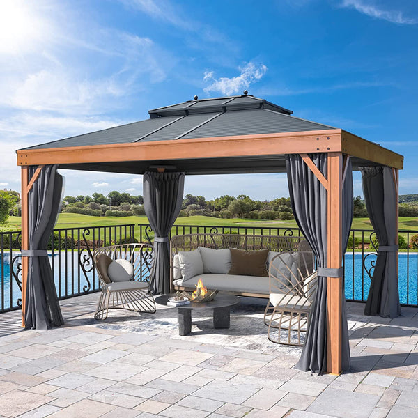 Erommy 10' x 13' Hardtop Gazebo Metal Gazebo with Wood Grain Aluminum Frame, Galvanized Steel Double Roof with Netting and Curtains for Backyard, Patio, Lawns