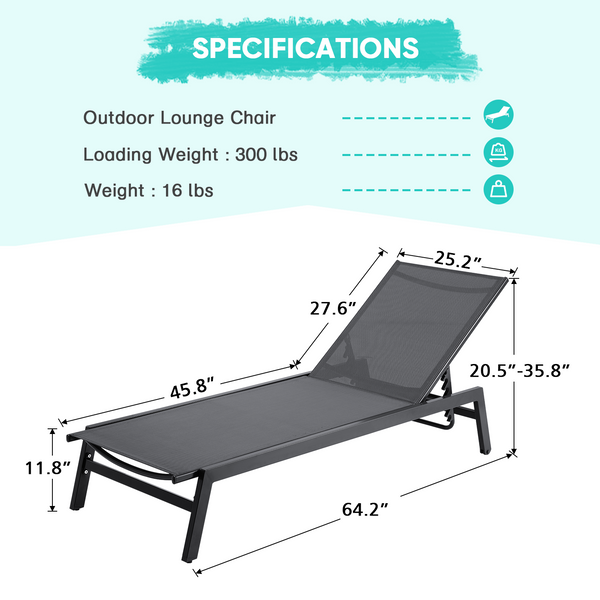 Hommow Outdoor Chaise Lounge Chair with Wheels and Mesh Seat,Aluminum Reclining Chair