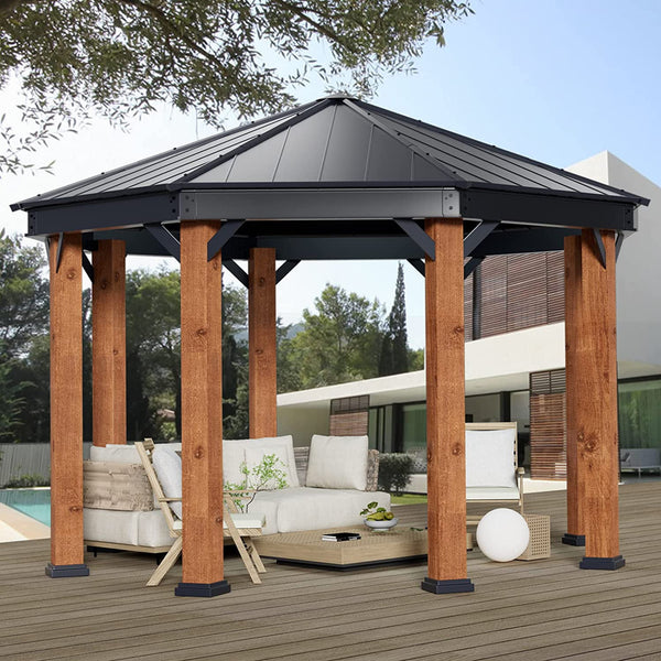 Mellcom 15' x 15' Hardtop Gazebo, Outdoor Aluminum Octagon Wood Grain Gazebos with Galvanized Steel Roof for Patio, Backyard, Deck and Lawns