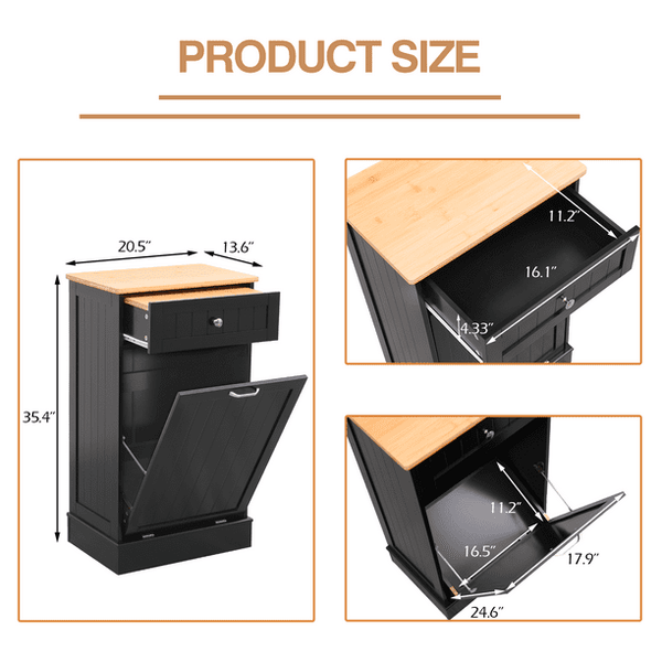 EROMMY Tilt Out Trash Cabinet, Wooden Kitchen Trash Can Free Standing Waste Bin, Recycling Hideaway Garbage Can Holder with Drawer and Removable Bamboo Cutting Board, Black