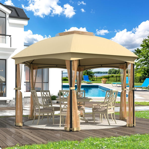 Richryce Outdoor Gazebo, 13x13 Ft 6-Sided Pop-Up Canopy with Double Air Roof & Netting Walls, Heavy Duty Steel Frame for Backyard, Patio, Poolside