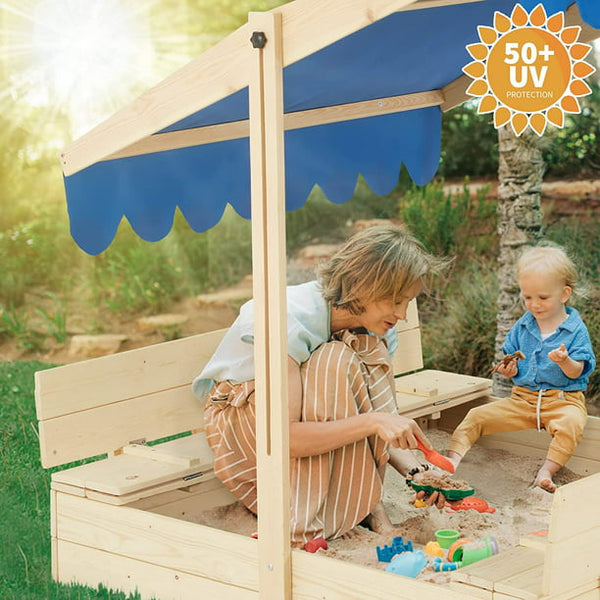 Richryce Kids Wooden Sandbox Outdoor w/ 2 Foldable Bench Seats, Height Adjustable Canopy Roof, White