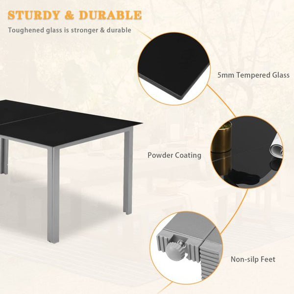Erommy 7 Pieces Patio Dining Set Outdoor with Tempered Glass Table and 6 Foldable Chairs, Black