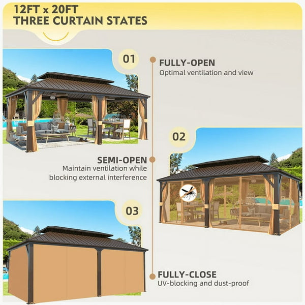 12'x20' Hardtop Gazebo with Galvanized Steel Double Roof & Aluminum Frame, Outdoor Gazebo with Premium Curtains and Nettings