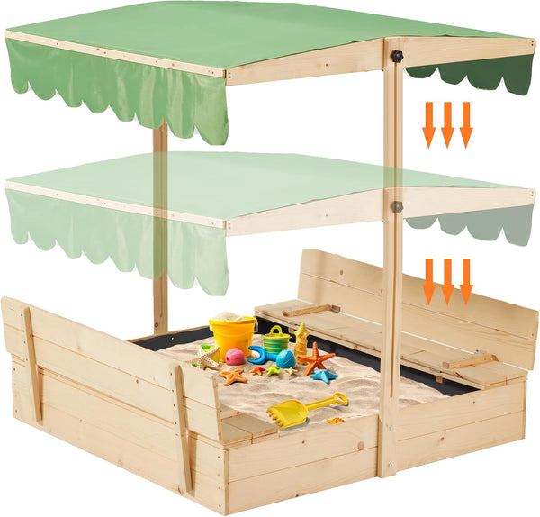 Richryce Kids Wooden Sandbox Outdoor w/ 2 Foldable Bench Seats, Height Adjustable Canopy Roof, White