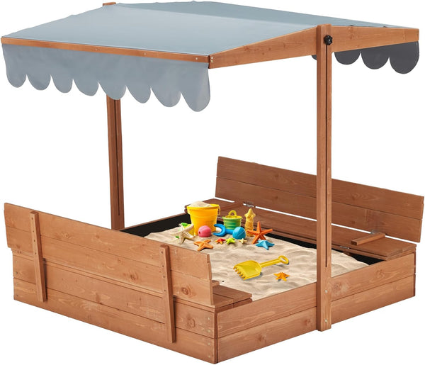 Richryce Kids Wooden Sandbox Outdoor w/ 2 Foldable Bench Seats, Height Adjustable Canopy Roof, White