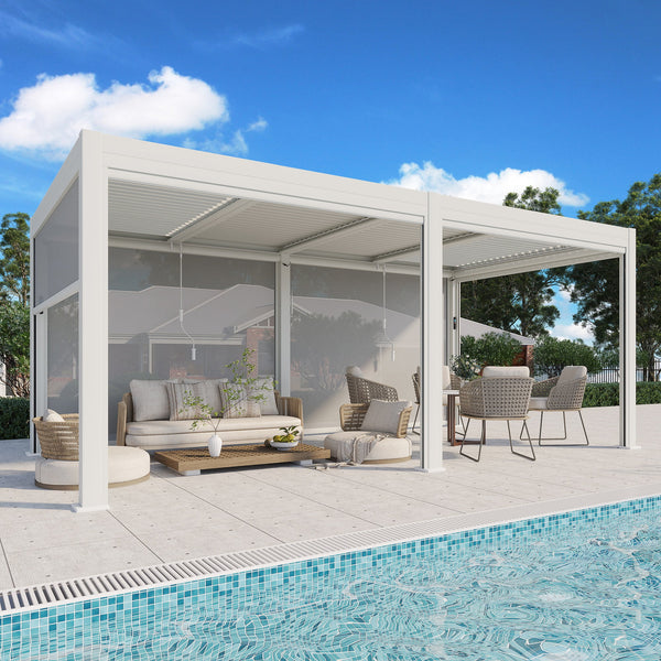 Erinnyees Outdoor Louvered Pergola with Auto Adjustable Aluminum Rainproof Roof, Patio Pergola with Light String & Remote Controller, White