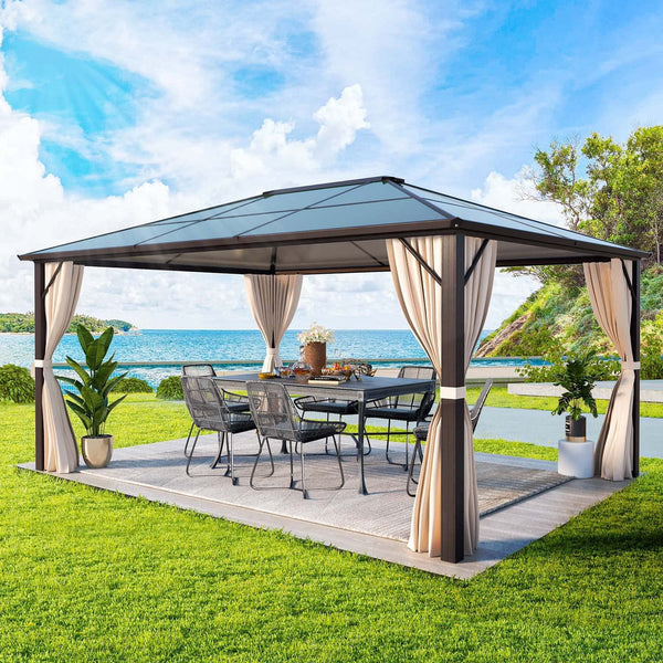 Erinnyees 12'x10' Outdoor 10 ft Hardtop Gazebo Polycarbonate Canopy, Brown