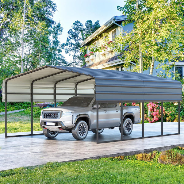 Hommow 12 x 20 ft Carport with Galvanized Steel Roof, Multi-Use Shelter, Sturdy Metal Carport for Cars, Boats, and Tractors