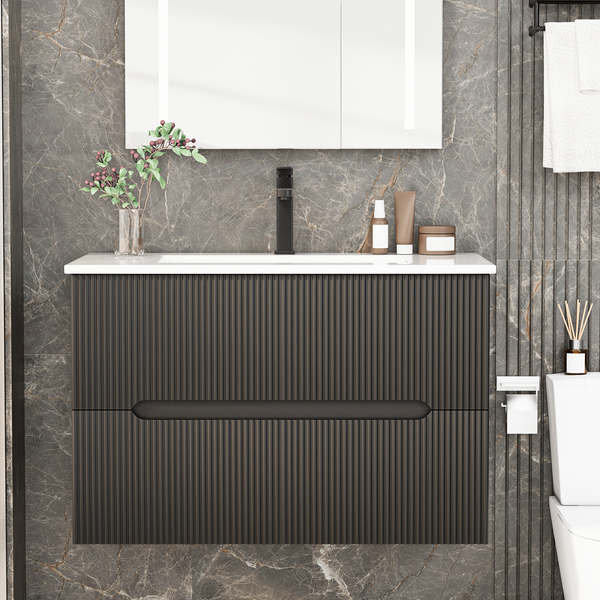 EROMMY 30" Floating Bathroom Vanity Set, Wall Mounted Bathroom Cabinet with Ceramic Sink, 2 Fluted Drawers & Hidden Handles