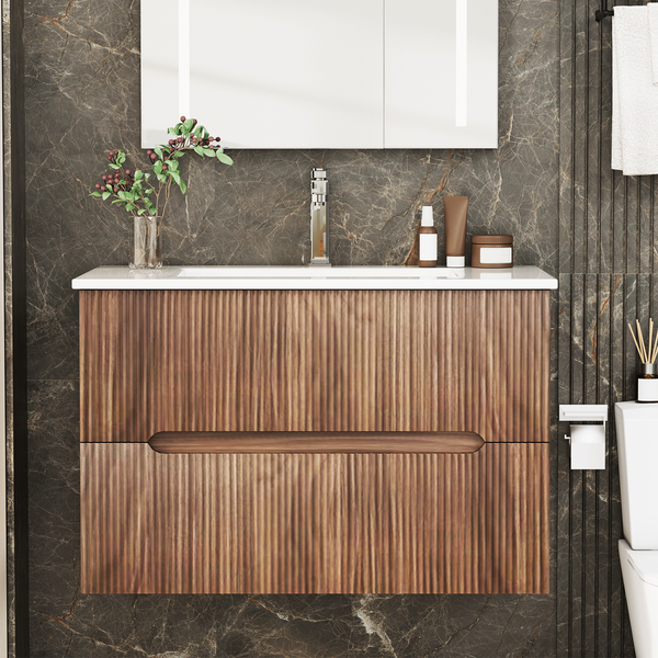 EROMMY 30" Floating Bathroom Vanity Set, Wall Mounted Bathroom Cabinet with Ceramic Sink, 2 Fluted Drawers & Hidden Handles