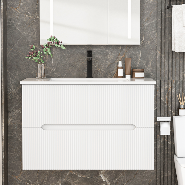 EROMMY 30" Floating Bathroom Vanity Set, Wall Mounted Bathroom Cabinet with Ceramic Sink, 2 Fluted Drawers & Hidden Handles