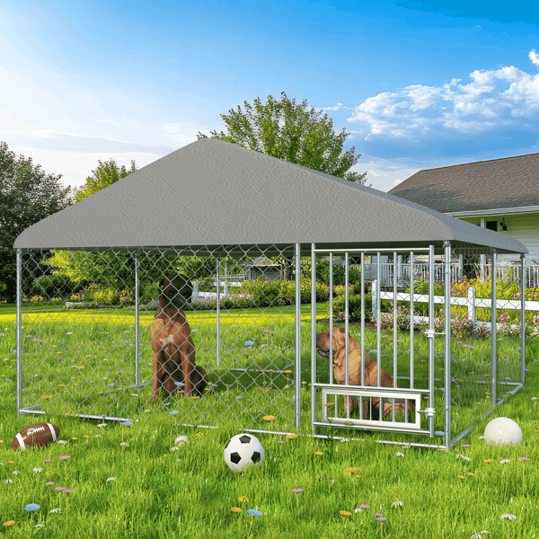 PXZEE 6*6/10'x10' Outdoor Dog Kennel, Heavy Duty Large Dog Kennels with Waterproof Cover and Rotating Feeding Door