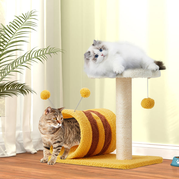 PXZEE 14.6"/36.6" Flower Cat Tree with Well-padded Perch, Cat Tower with Sisal Scratching Posts and Interactive Toys, Yellow