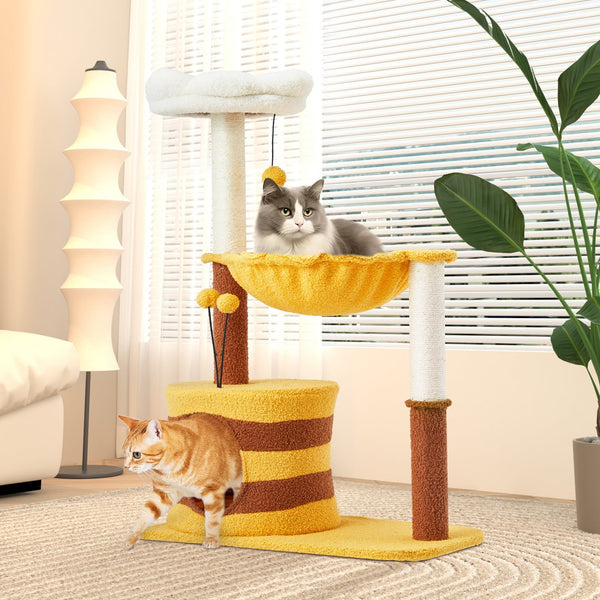 PXZEE 14.6"/36.6" Flower Cat Tree with Well-padded Perch, Cat Tower with Sisal Scratching Posts and Interactive Toys, Yellow