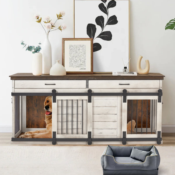 Mellcom Wood Dog Crate Furniture Indoor with Divider, Dog Crate End Table with 2 Drawers for Large Breeds, White