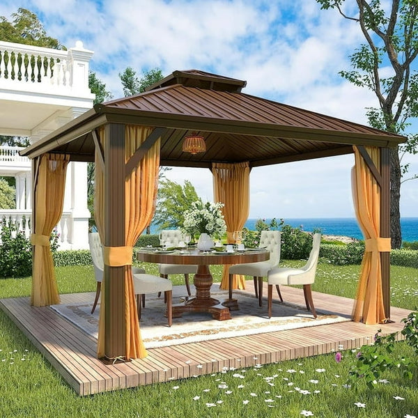 12'x12' Hardtop Gazebo with Galvanized Steel Double Roof & Aluminum Frame, Outdoor Gazebo