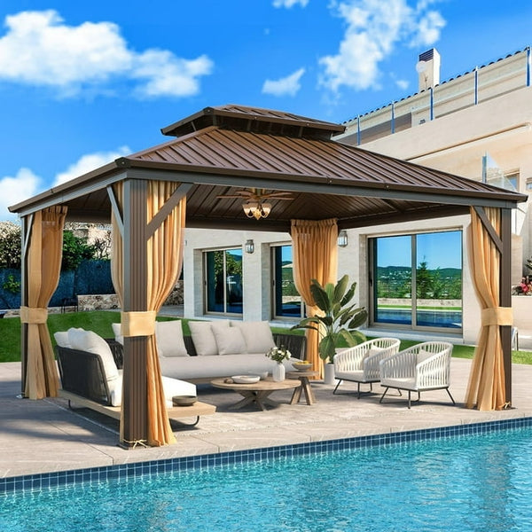 12'x14' Hardtop Gazebo with Galvanized Steel Double Roof & Aluminum Frame, Outdoor Gazebo with Premium Curtains and Nettings