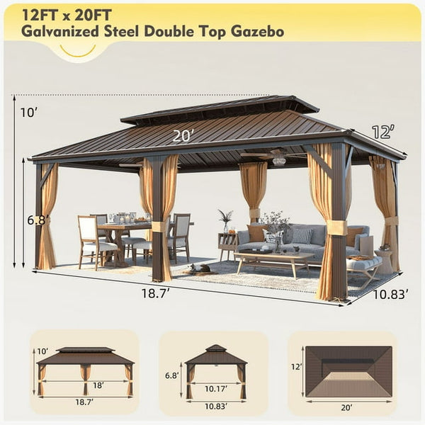 12'x20' Hardtop Gazebo with Galvanized Steel Double Roof & Aluminum Frame, Outdoor Gazebo with Premium Curtains and Nettings