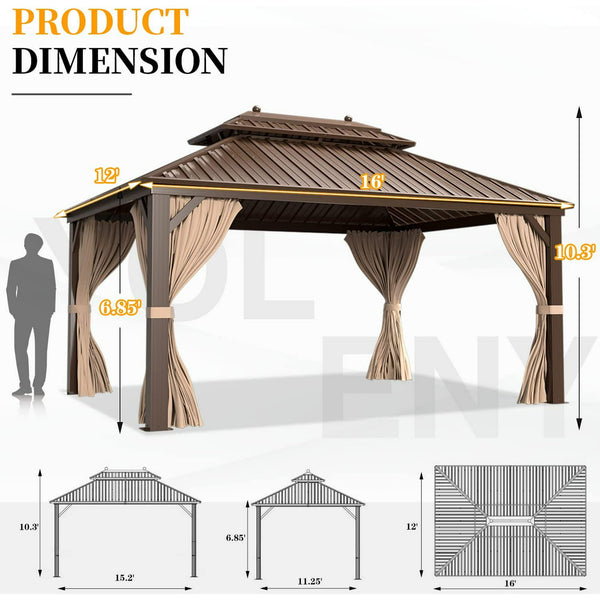 Hommow 12' x 16' Hardtop Gazebo Steel Outdoor Double Vented Roof Brown