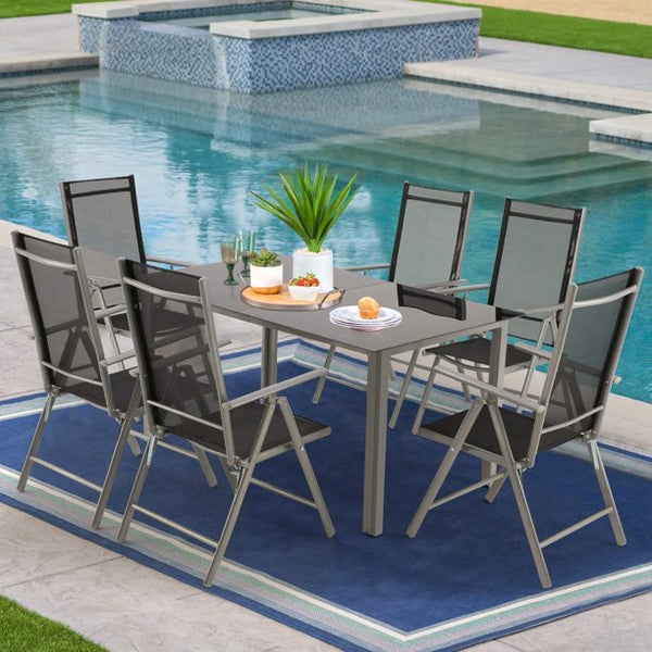 Erommy 7 Pieces Patio Dining Set Outdoor with Tempered Glass Table and 6 Foldable Chairs, Black