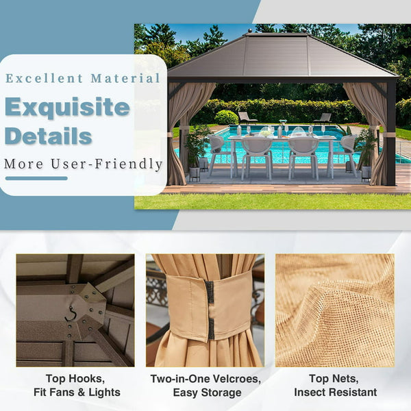 Hommow 10' x 13' Hardtop Gazebo, Galvanized Steel Metal Roof Gazebo, Permanent Pavilion Gazebo with Aluminum Frame for Patios, Gardens, Lawns