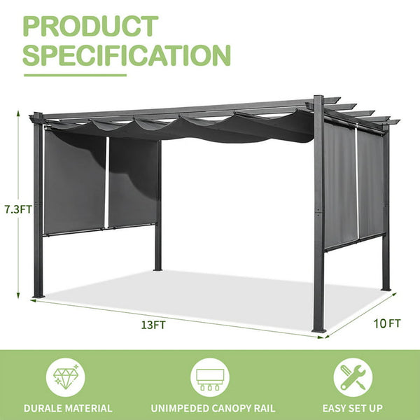 Mellcom 10' x 13' Outdoor Patio Pergola Gazebo with Retractable Canopy Roof,Gray