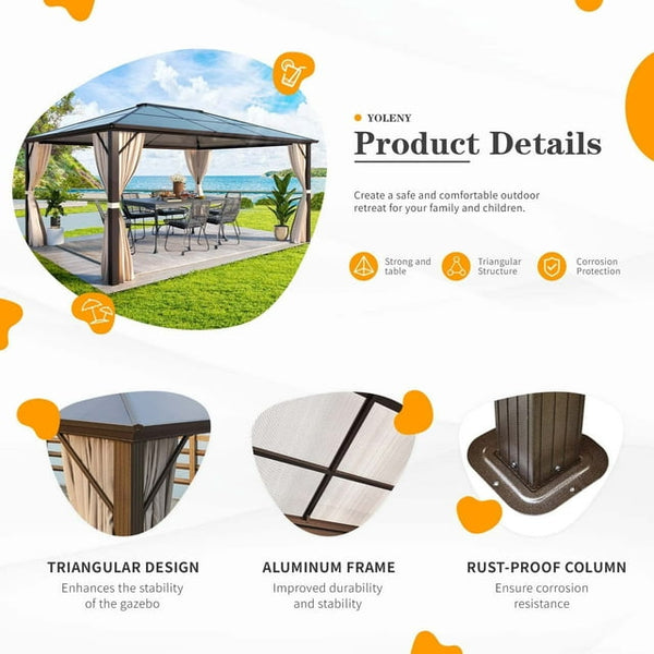 Erinnyees 12'x10' Outdoor 10 ft Hardtop Gazebo Polycarbonate Canopy, Brown