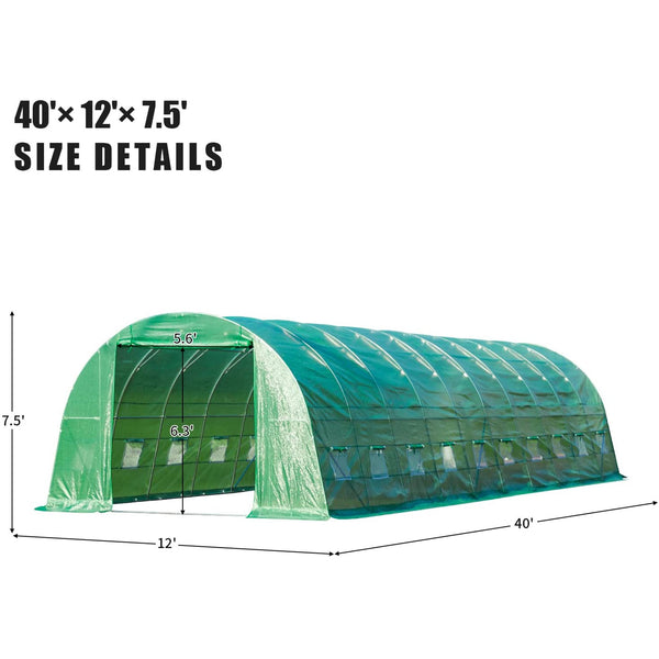 Yoleny 40' x 12' x 7.5' Greenhouse, Large Walk-in Greenhouse with 2 Roll-up Zippered Doors&20 Screen Windows for Outside Heavy Duty Winter, Green