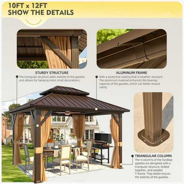 10'x12' Hardtop Gazebo with Galvanized Steel Double Roof & Aluminum Frame, Outdoor Gazebo