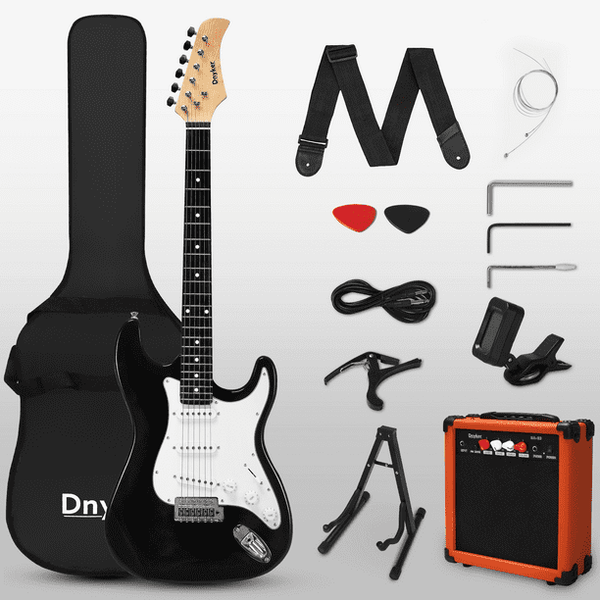 Erommy 39" Full-size Electric Guitar set, Complete Beginner Kit Solid-Body SSS Pickups with 20-Watt Amplifier, Stand, Tremolo Bar, Digital Tuner, Strap, Picks, Black