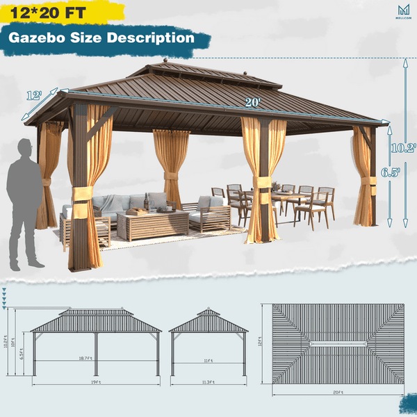 Mellcom 12' X 20' Hardtop Gazebo Aluminum Frame Gazebo with Galvanized Steel Double Roof