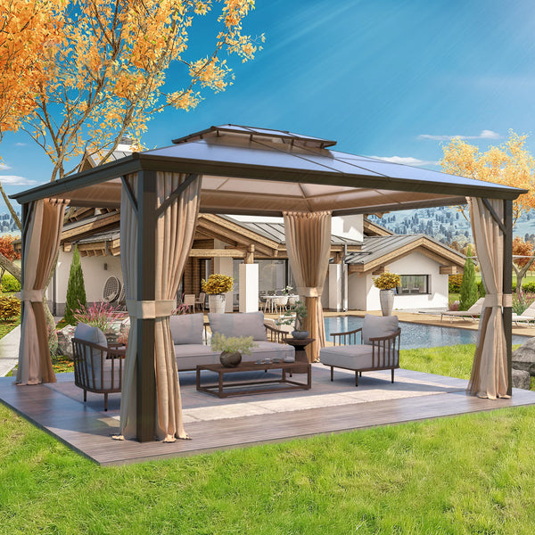 Yoleny 12'x14' Outdoor Hardtop Polycarbonate Gazebo Canopy Curtains Aluminum Frame with Netting for Garden,Patio