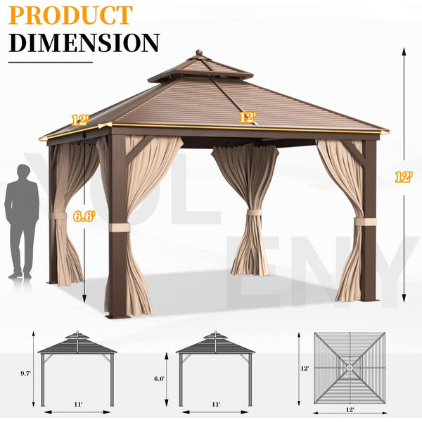 Hommow 12 ft x 12 ft Galvanized Steel Hardtop Gazebo with Netting, Brown