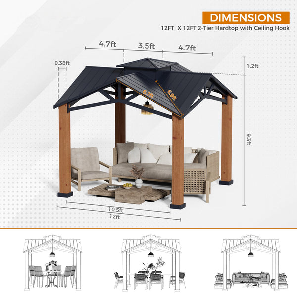 Yoleny 12' x 12' Hardtop Gazebo, Outdoor Thicker Wood Looking Aluminum Gazebos with Ventilated Galvanized Steel Roof for Patio, Backyard, Deck and Lawns