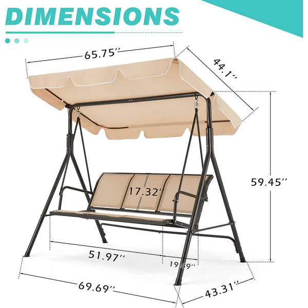 Yoleny Outdoor Patio Swing Chair, 3-Person Porch Swing with All-Weather Convertible Canopy and Textilene Fabric Seats, Steel Frame Bench Swing for Outsides, Backyard, Garden, Poolside, Beige