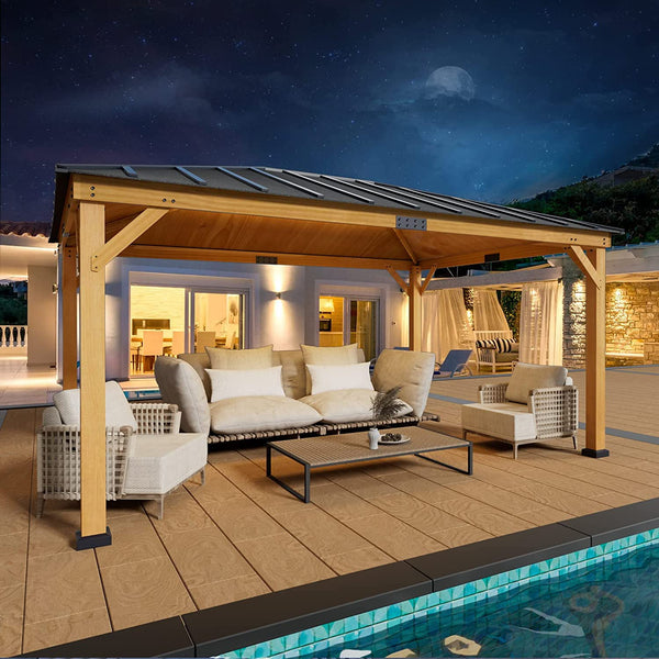 Yoleny 12' x 16' Spruce Wood Gazebo Hardtop, Silent Asphalt Roof Solid Wood Gazebo, for Patio, Lawns, Garden, Yard